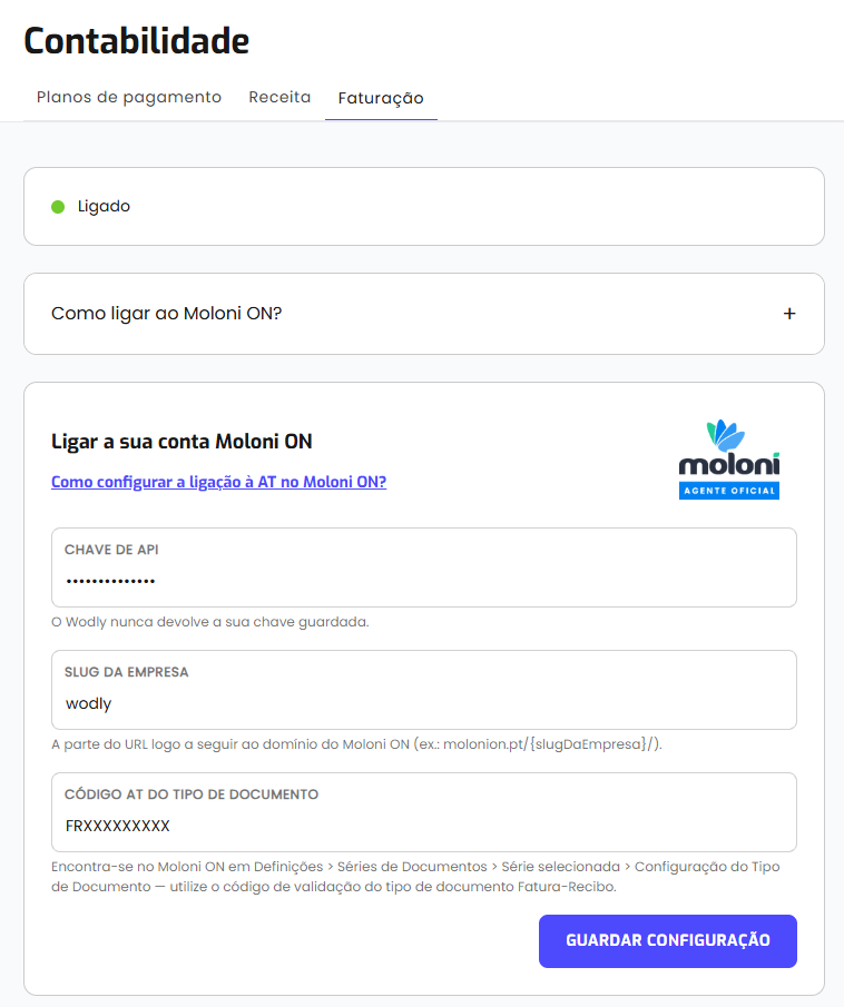 Configuração da integração Moloni ON no Wodly